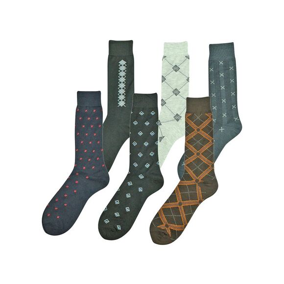 Mens Assorted Design 6 Pack Crew Length Dress Socks - Picture 1 of 6